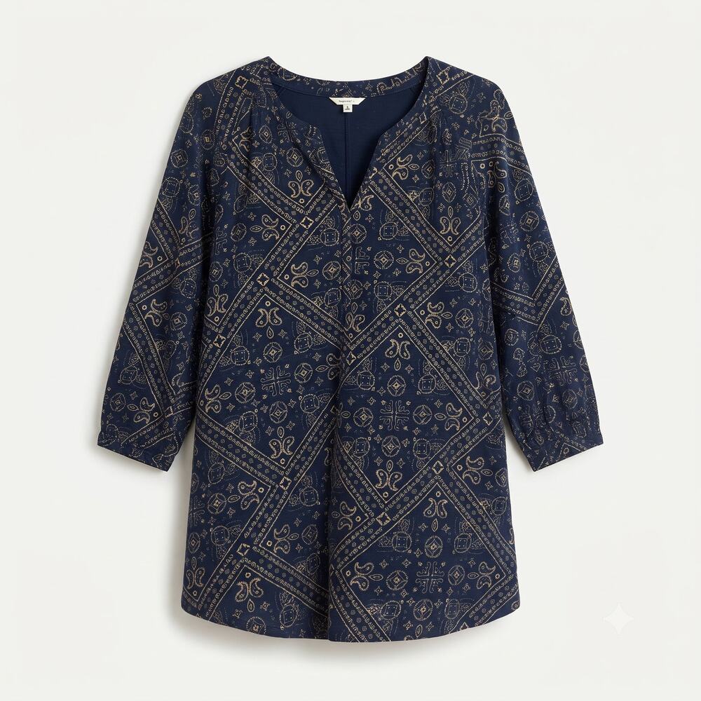 Lucky Brand Womens 1X Boho Western Lagenlook Modest Paisley Medallion Tunic Top